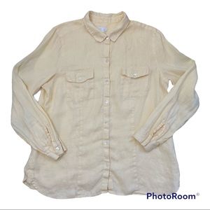 J Jill 100% Linen Top Button Down Long Sleeve Shirt Yellow Large